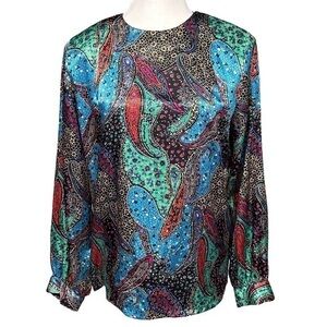 Vintage Paisley Satin Colorful Long Sleeve Blouse Button Neck Size M/L